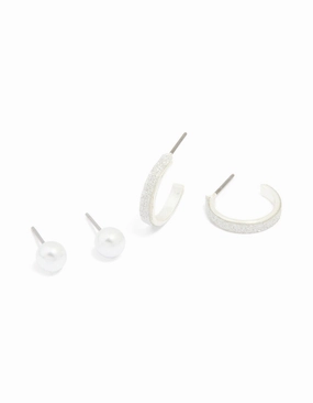 Silver Pearl Studs & Glitter Hoop Earrings 2-Pack Comfort Edge