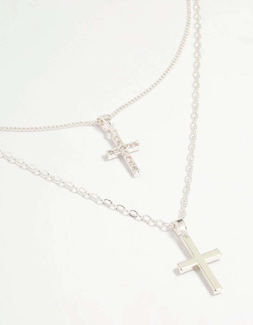 Silver Plated Cubic Zirconia & Plain Cross Layered Necklace Pure Touch Premium Quality