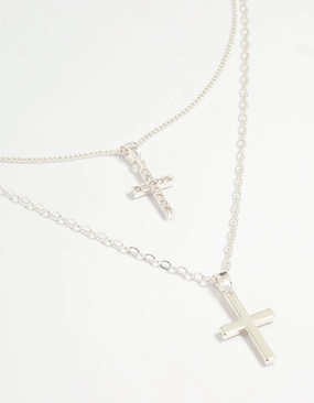 Silver Plated Cubic Zirconia & Plain Cross Layered Necklace Pure Touch Premium Quality