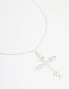Travel Chic Silver Plated Cubic Zirconia Large Cross Pendant Necklace