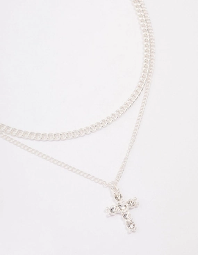 Versatile Accent Minimal Look Silver Plated Diamante Cross Layered Curb Necklace