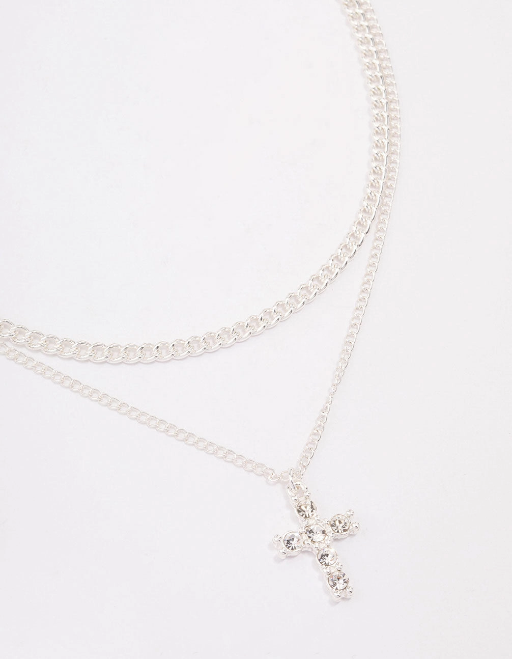 Versatile Accent Minimal Look Silver Plated Diamante Cross Layered Curb Necklace
