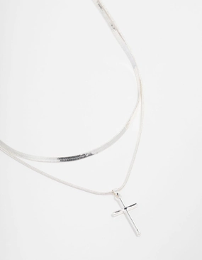 Elegant Accent Silver Plated Plain Cross Snake Necklace 2-Pack