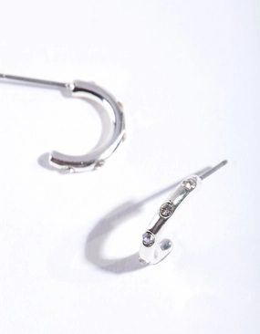 Silver Simple Diamante Half Hoop Earrings Straight Accessory Social Adornment