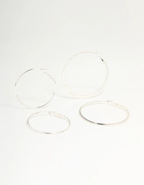 Silver Textured & Plain Hoop Earrings 2-Pack Party Jewelry