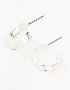 Glittering Piece Silver Thick Centred Mini Hoop Earrings
