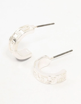 Silver Wide Greek Key Huggie Earrings Attractive Accent Corporate Accessory