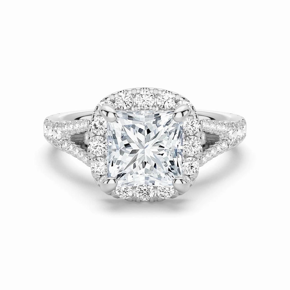 Mainstream Appeal Unique Trinket Princess Cut Split Shank Moissanite Halo Engagement Ring
