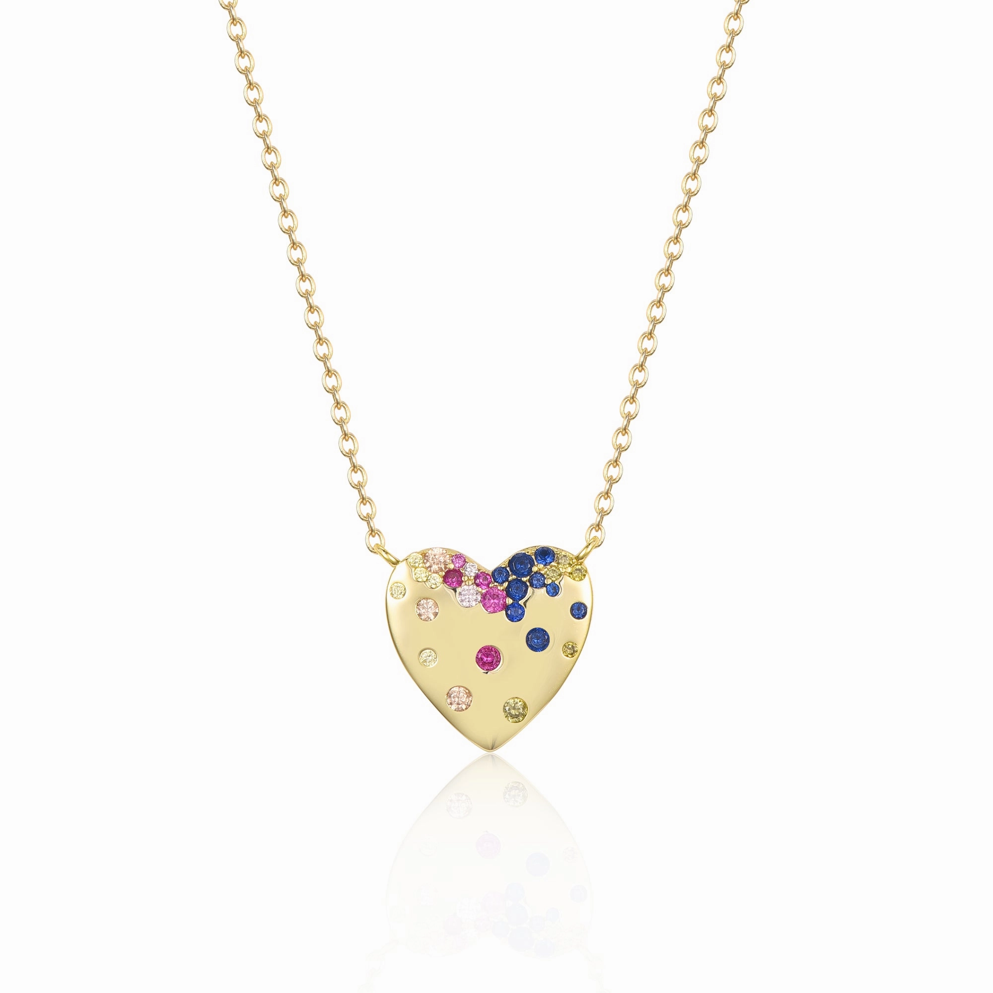 Sterling Silver Gold Plated Puffy Heart With Colorful CZ Necklace Spring Color