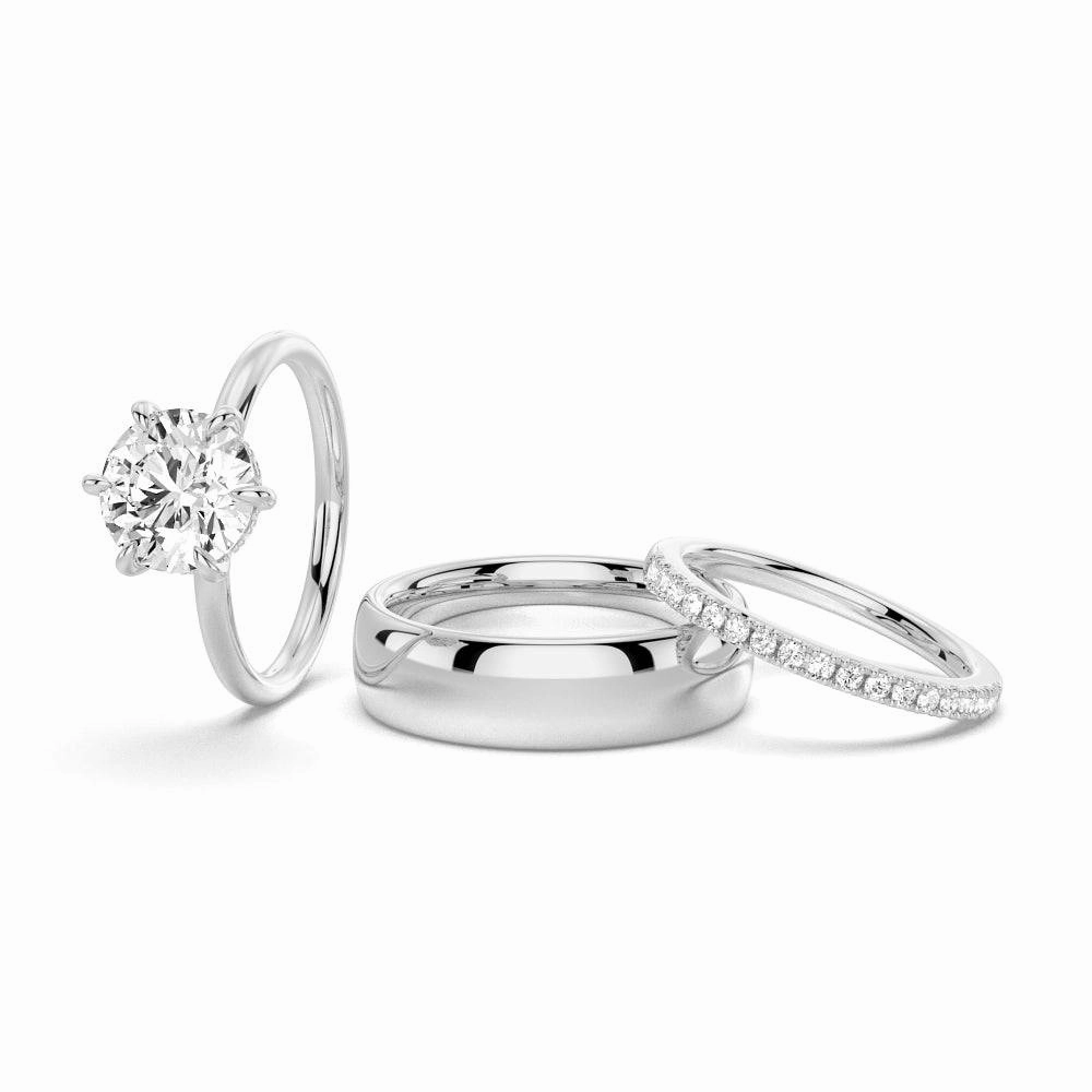 Six Prong Solitaire Moissanite Couple's Ring Set with Men's Wedding Band Casual Motion