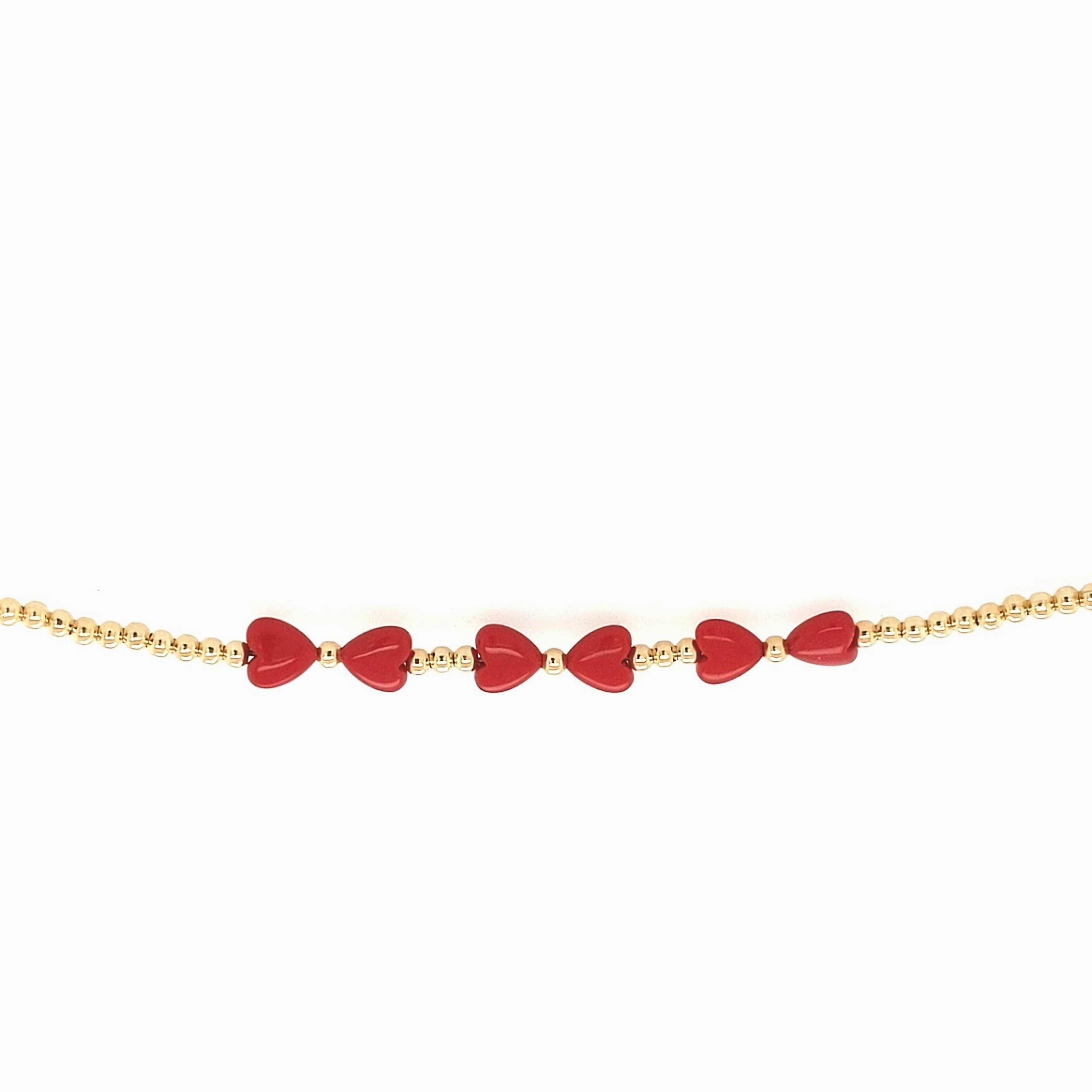 Small Gold Beads With 6 Red Hearts in the Center Children's Bracelet Labeled Detail
