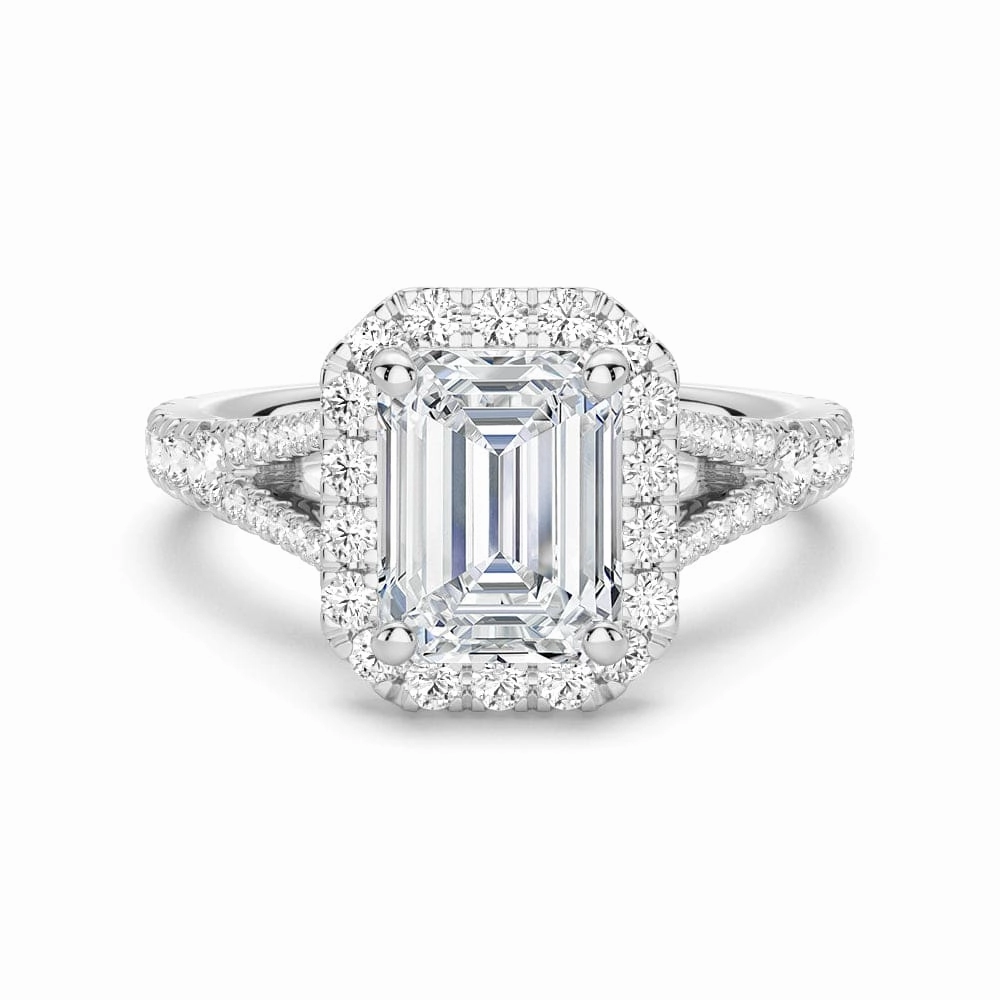 Emerald Cut Split Shank Moissanite Halo Engagement Ring Shimmer Look Innovative Style