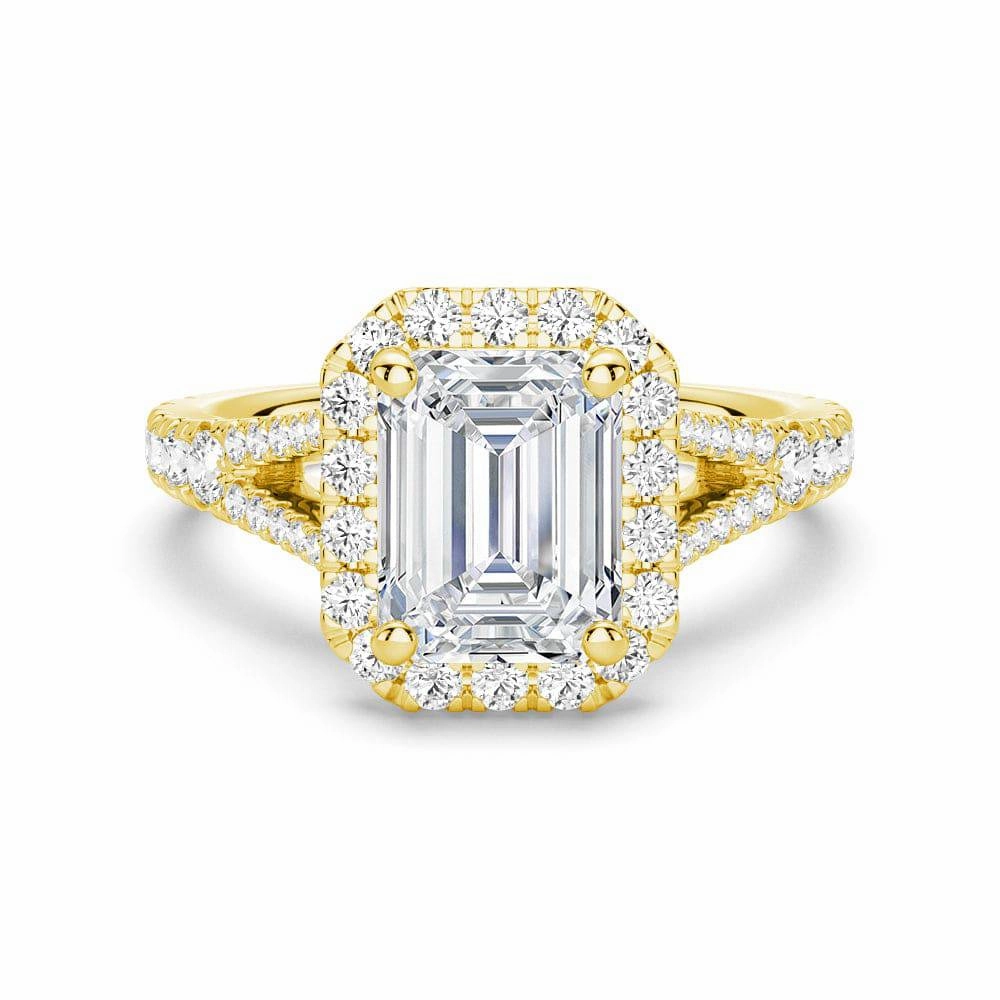 Top Rated Emerald Cut Split Shank Moissanite Halo Engagement Ring