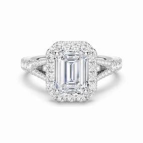 Artisan Ornament Emerald Cut Split Shank Moissanite Halo Engagement Ring