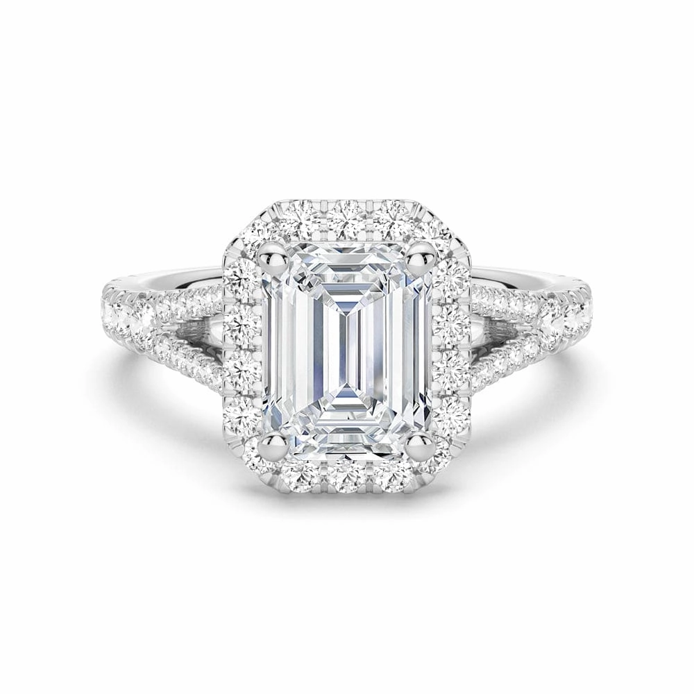 Artisan Ornament Emerald Cut Split Shank Moissanite Halo Engagement Ring