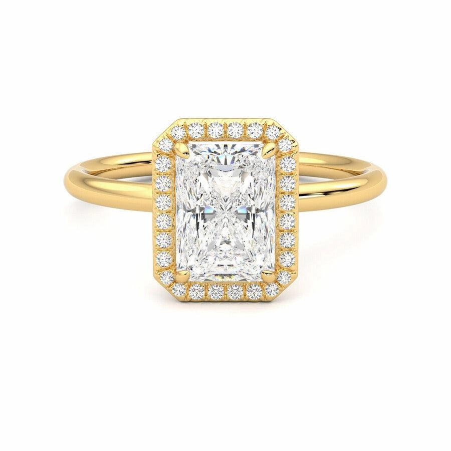 Radiant Cut Halo Moissanite Engagement Ring with Hidden Anniversary Stone Accent Meaningful Ornament