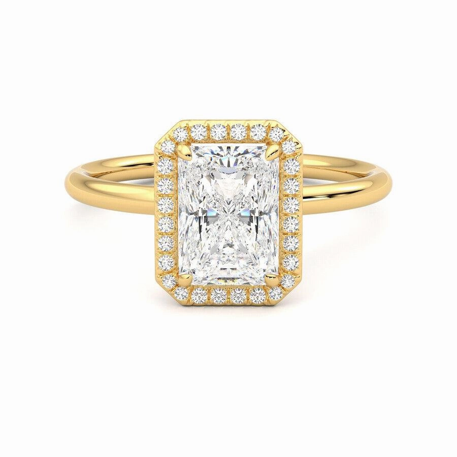 Quality Product Radiant Cut Halo Moissanite Engagement Ring with Hidden Anniversary Stone Accent