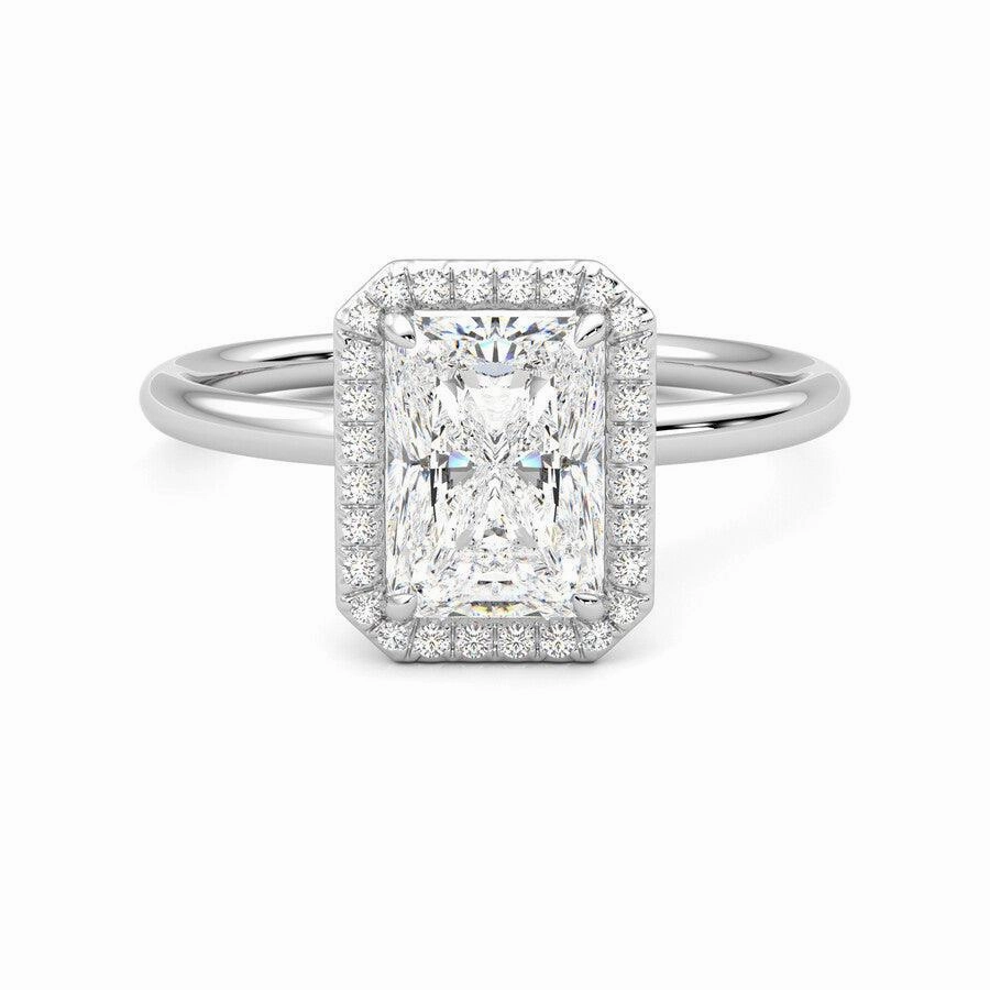 DIY Maintenance Polished Appearance Radiant Cut Halo Moissanite Engagement Ring with Hidden Anniversary Stone Accent
