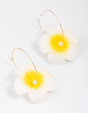 White Frangipani Pearl Hoop Earrings Minimalist Accent Affordable Product