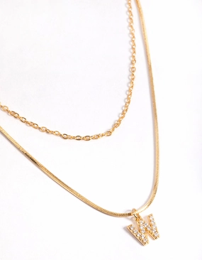 Gold Plated Diamante Letter W Layered  Necklace On Trend