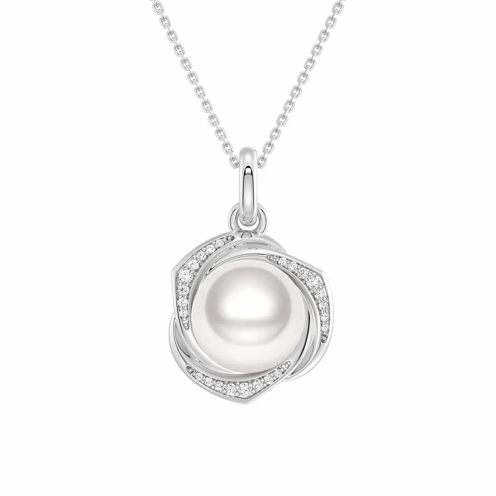 Holiday Present Glam Detail Freshwater Pearl Pendant Necklace with Diamond Floral Halo