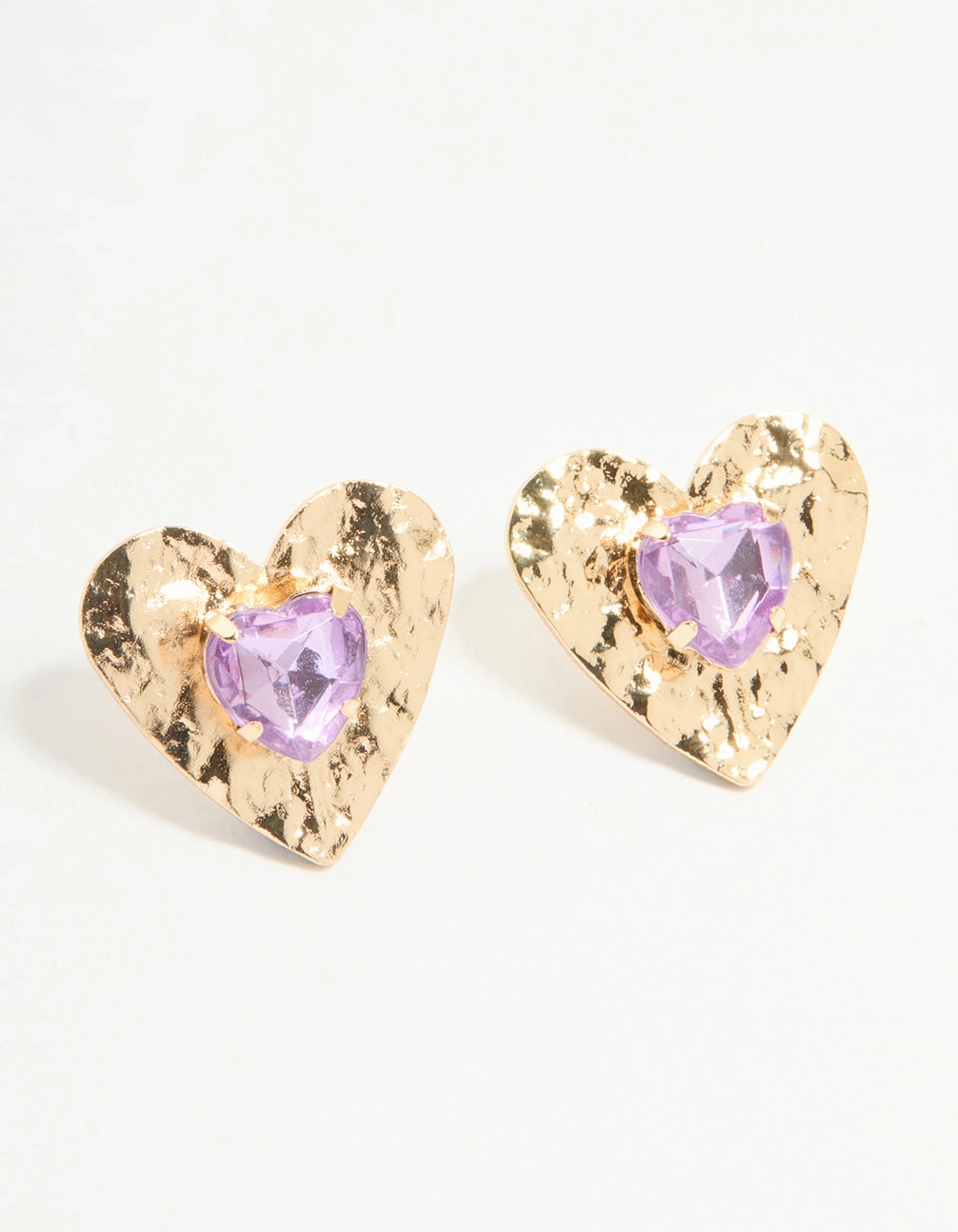 Gold Purple Diamante Heart Center Stud Earrings Glossy Ornament Affordable Essential
