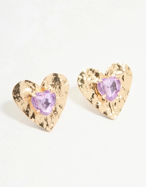 Gold Purple Diamante Heart Center Stud Earrings Glossy Ornament Affordable Essential