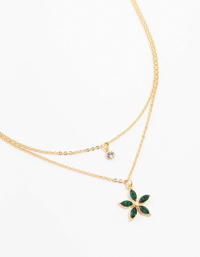 Gold Chain Diamante Flower Layered Necklace Signature Accent Retro Detail