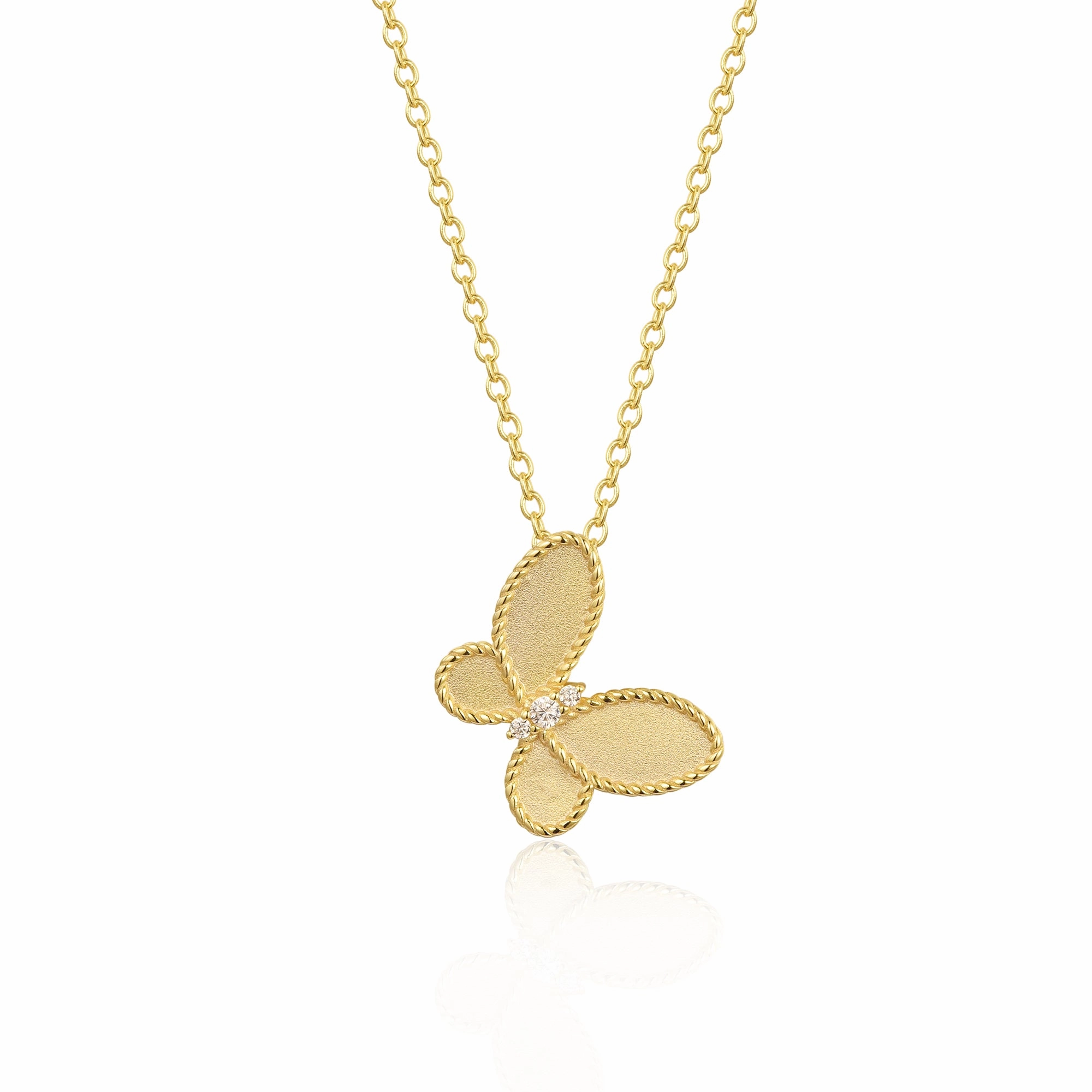 Sterling Silver Matte Finish Gold Plated Butterfly With Beaded Border Necklace High-End Jewelry