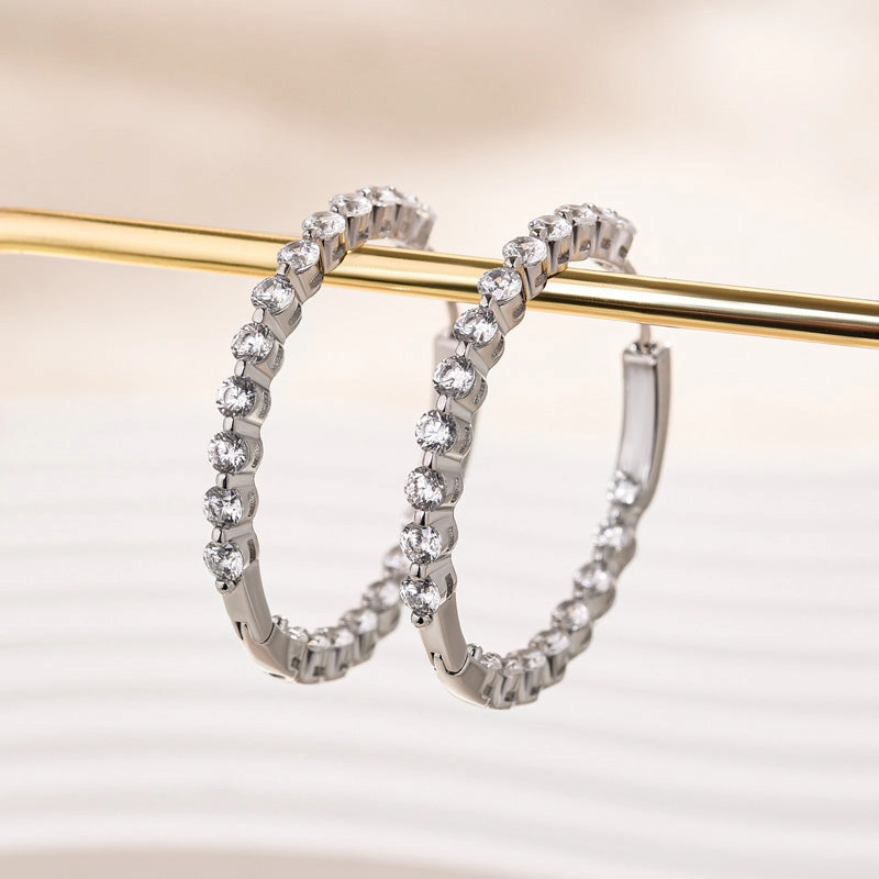 Sparkle Round Cut Women's Hoop Earrings In Sterling Silver Heart-Shaped Decoration