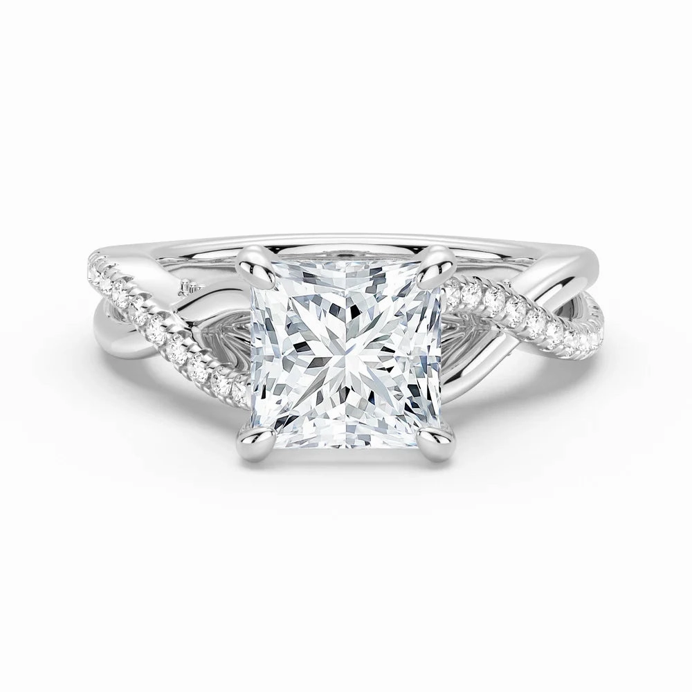 Gorgeous Look Premium Embellishment Princess Cut Moissanite Twisted Band Engagement Ring with Hidden Accents
