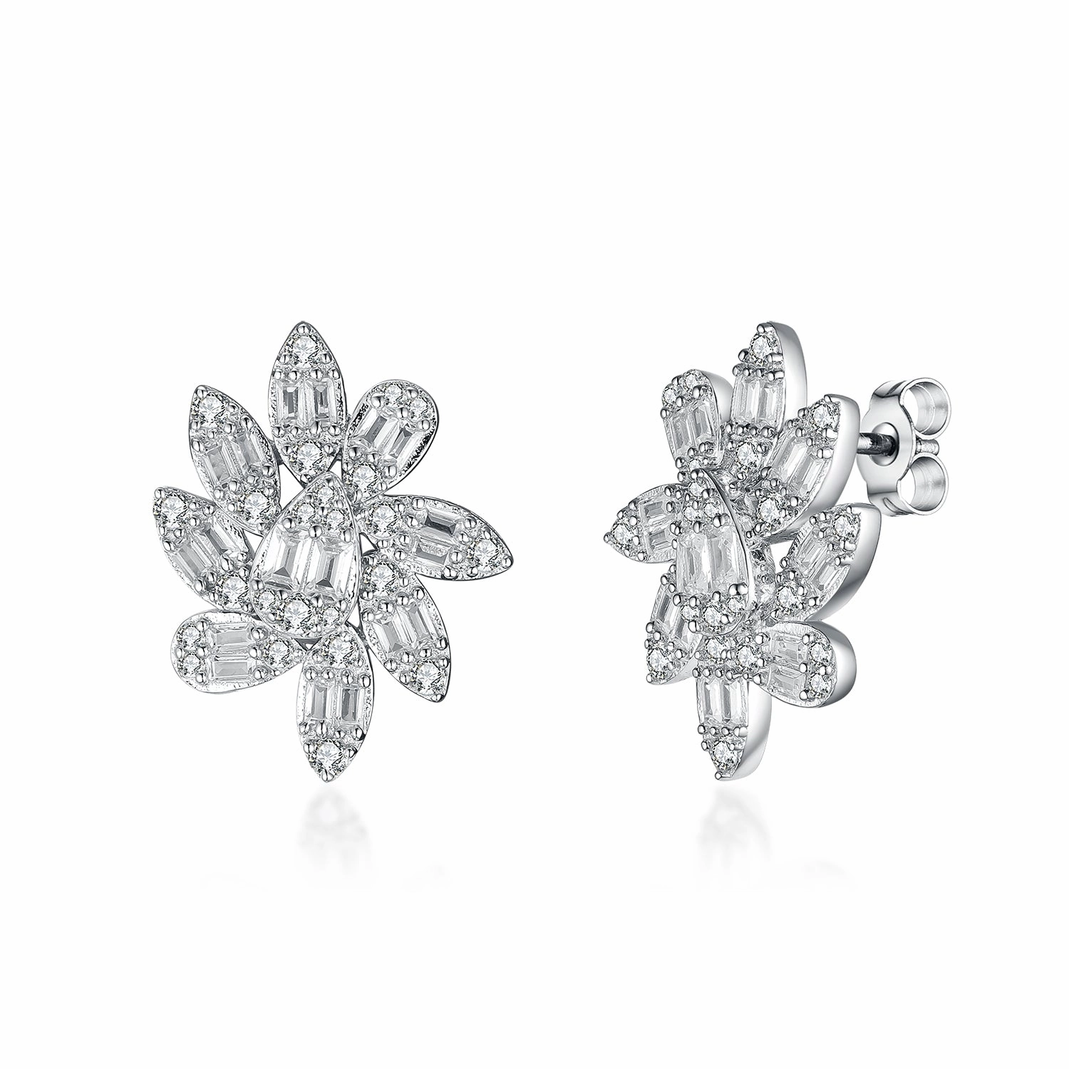 Sterling Silver Floral Design Baguette and Round CZ Stud Earring Comfortable Must-Have Rectangular Jewelry