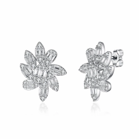 Sterling Silver Floral Design Baguette and Round CZ Stud Earring Comfortable Must-Have Rectangular Jewelry