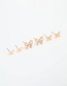 Gold Diamante & Sleek Butterfly Stud Earrings 3-Pack Stunning Feature