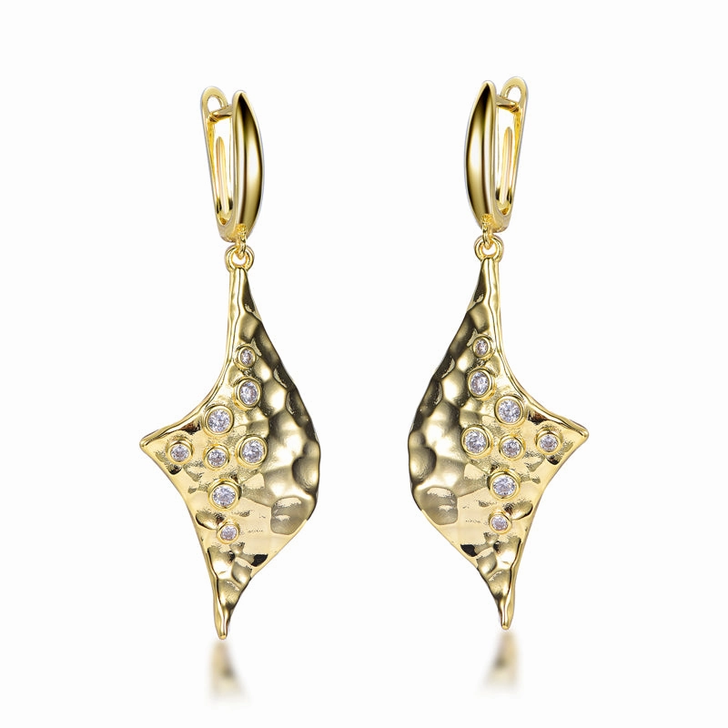 Gold Plated Sterling Silver CZ Accent Hammered Gold Drop Earrings Triangular Accessory Dull Adornment