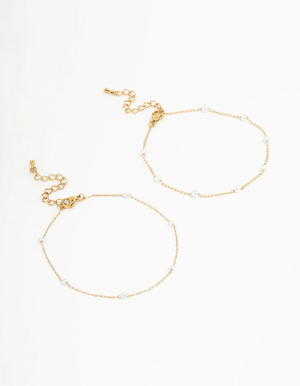Delicate Finish Waterproof Gold Plated Stainless Steel Station & Pearl Anklets 2-Pack