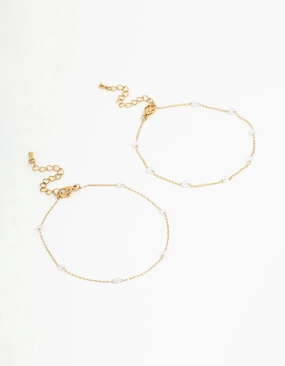 Delicate Finish Waterproof Gold Plated Stainless Steel Station & Pearl Anklets 2-Pack