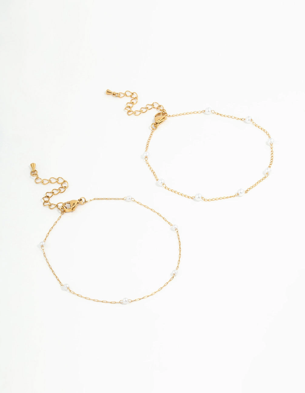 Handcrafted Style Vivid Finish Waterproof Gold Plated Stainless Steel Station & Pearl Anklets 2-Pack