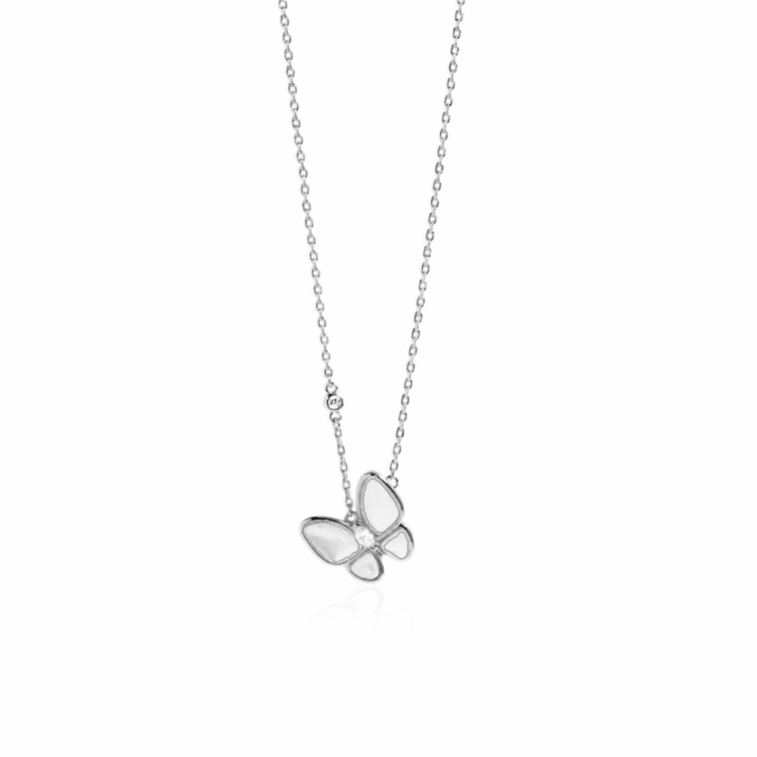 Sterling Silver Angled Mother of Pearl CZ Butterfly Necklace Weekend Accent Outdoor Accent