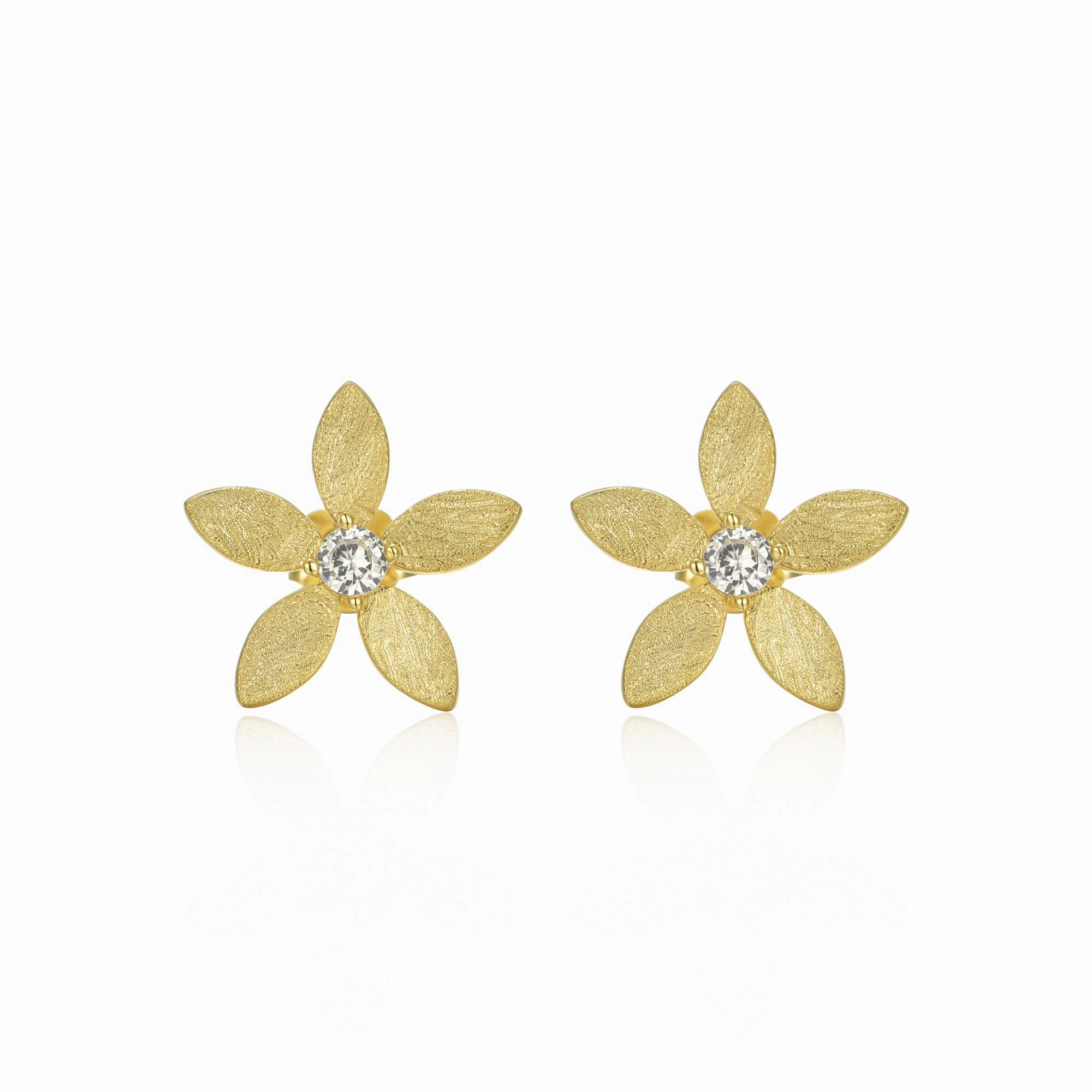 Glittery Item Sterling Silver Brushed Gold Plated Flower With Center CZ Stud Earring