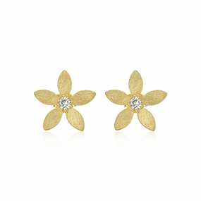 Glittery Item Sterling Silver Brushed Gold Plated Flower With Center CZ Stud Earring