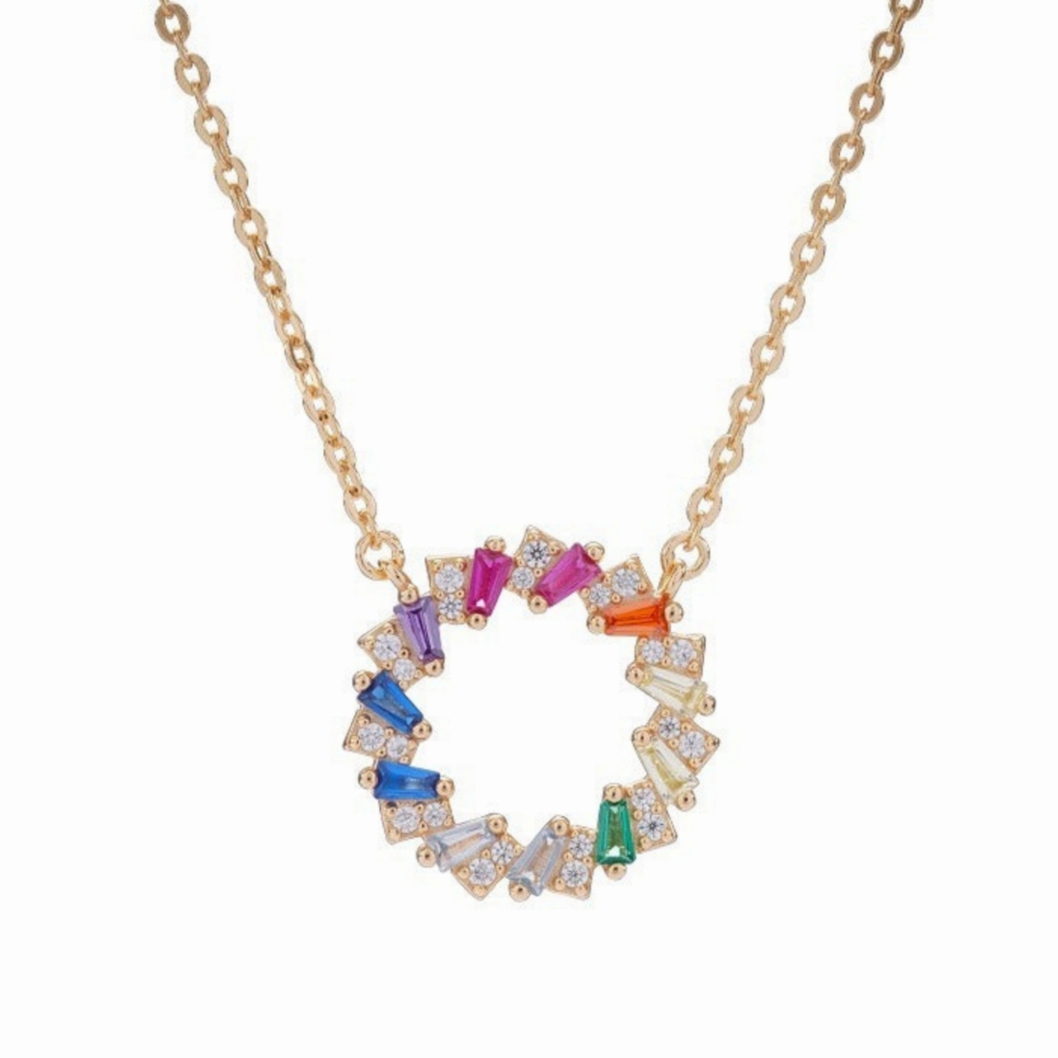 Fashionable Adornment Sterling Silver Circle With Colorful Baguettes CZ Necklace