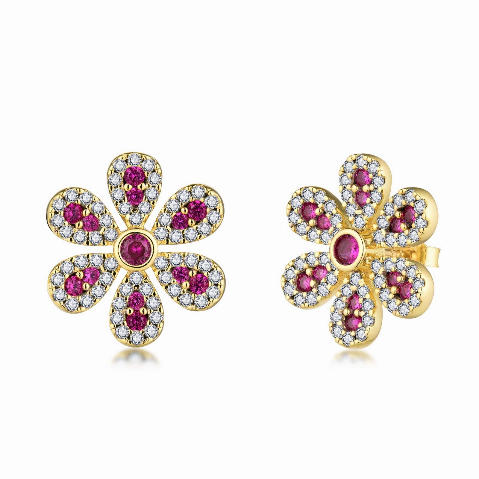 Sterling Silver Clear With Ruby or Sapphire CZ Flower Stud Earring Iridescent Piece