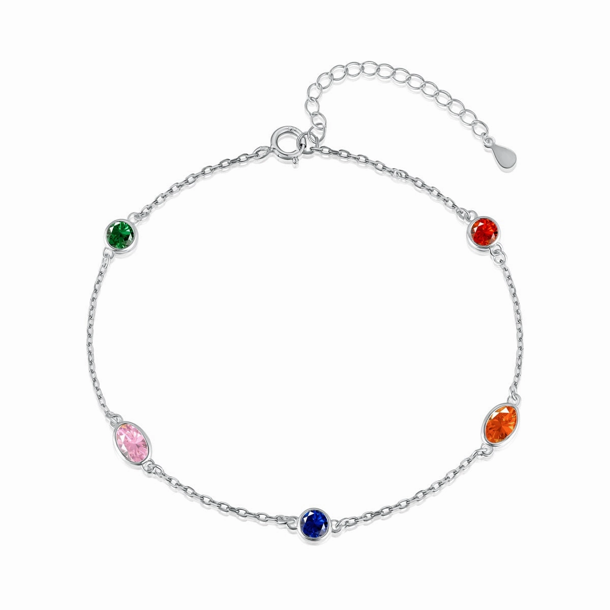 Sterling Silver Colorful Bezel Set Round and Oval Stones Adjustable Bracelet Recent Innovation