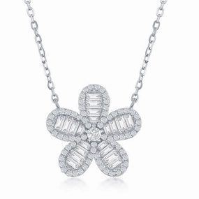 Neutral Design Adornment Sterling Silver CZ Baguette Flower Necklace