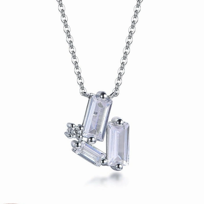 Exclusive Appeal Sterling Silver CZ Baguette Necklace with Round Stone Accents