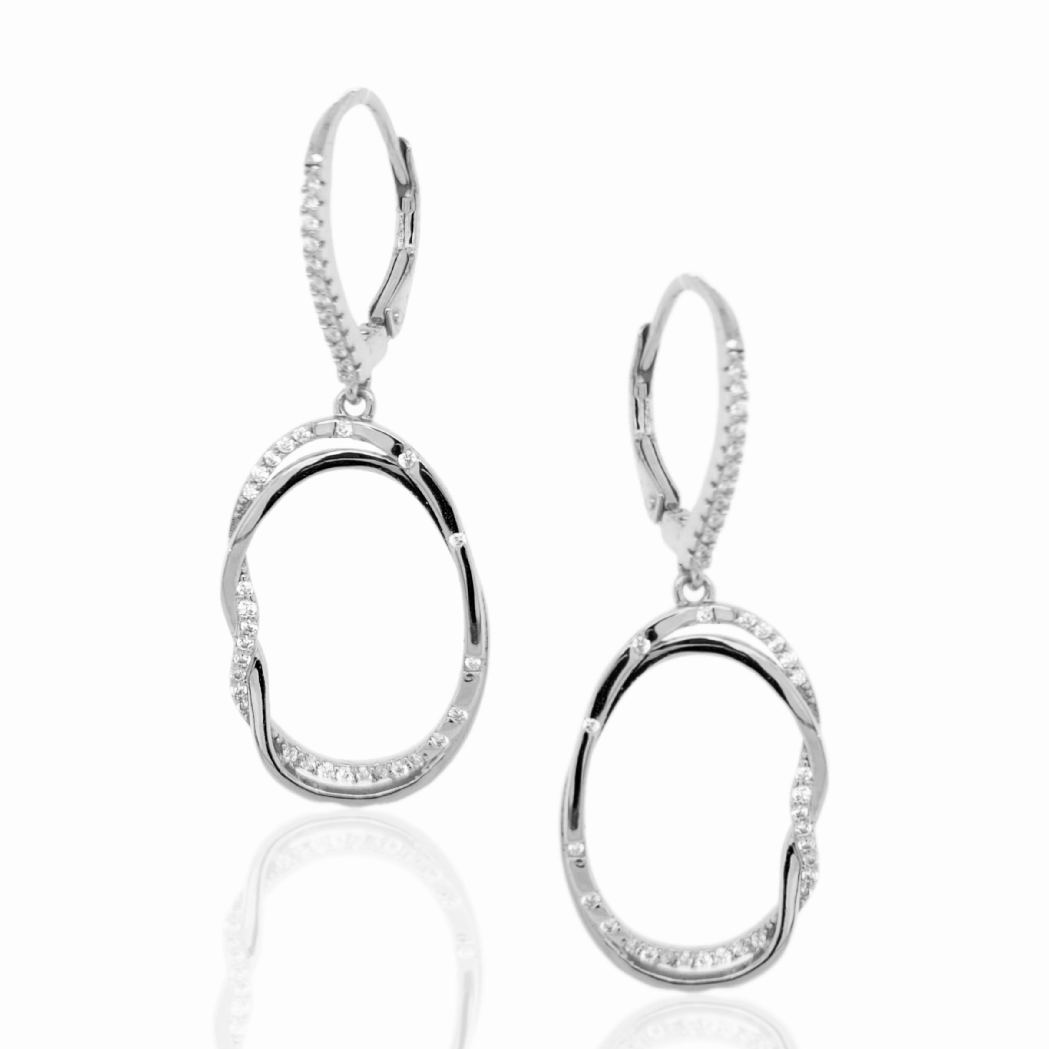 Sterling Silver CZ Oval Earrings with Side Braid Large Embellishment Sparkling Decoration