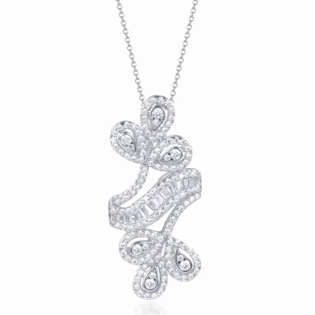 Weak Piece For Self Expression Sterling Silver Double Flower Round CZ and Baguette Pendant Necklace