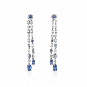 Heart-Shaped Adornment Sterling Silver Double Strand Light Blue and Clear CZ Earrings