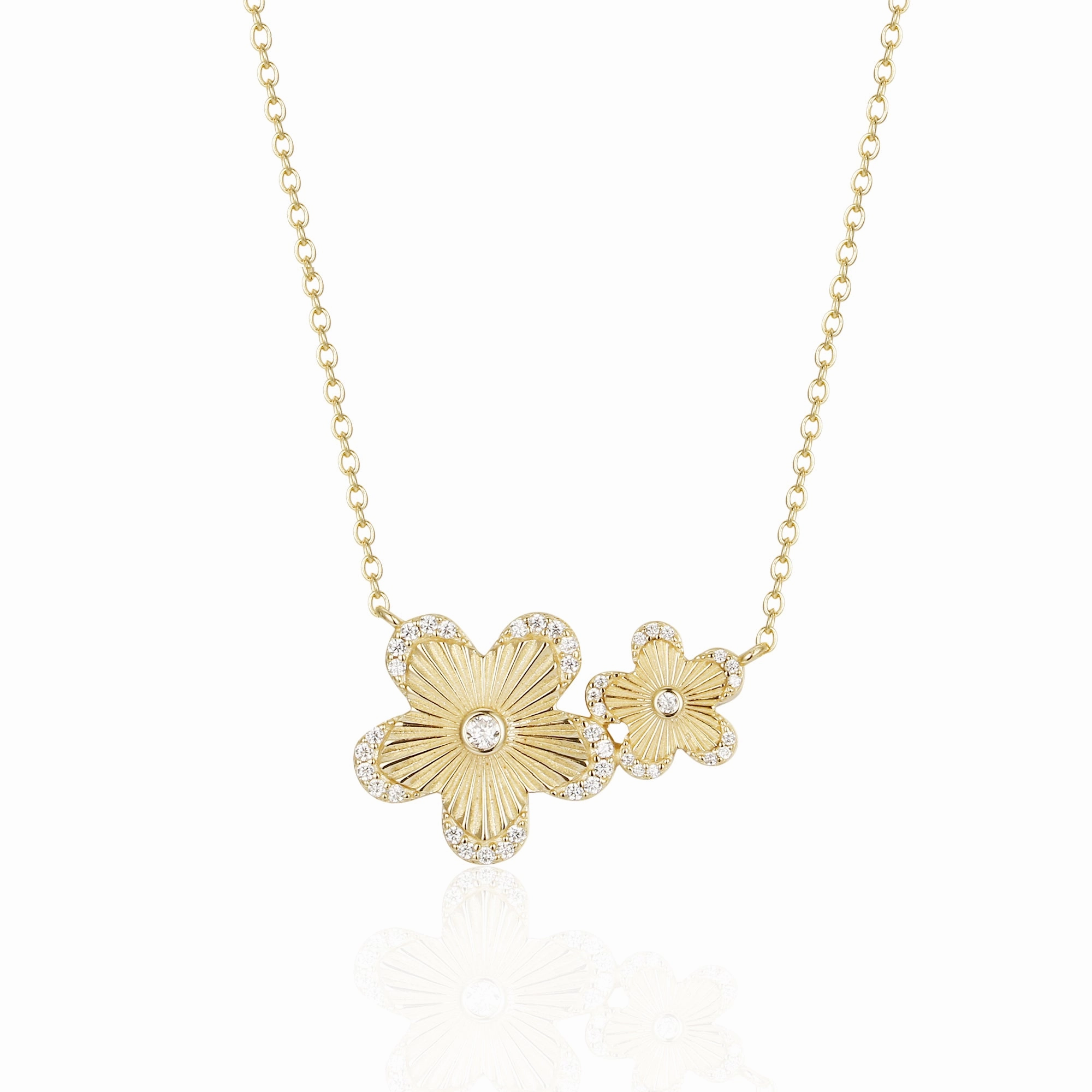 Stylish Edge Sterling Silver Gold Plated Double Flower With CZ Border Necklace